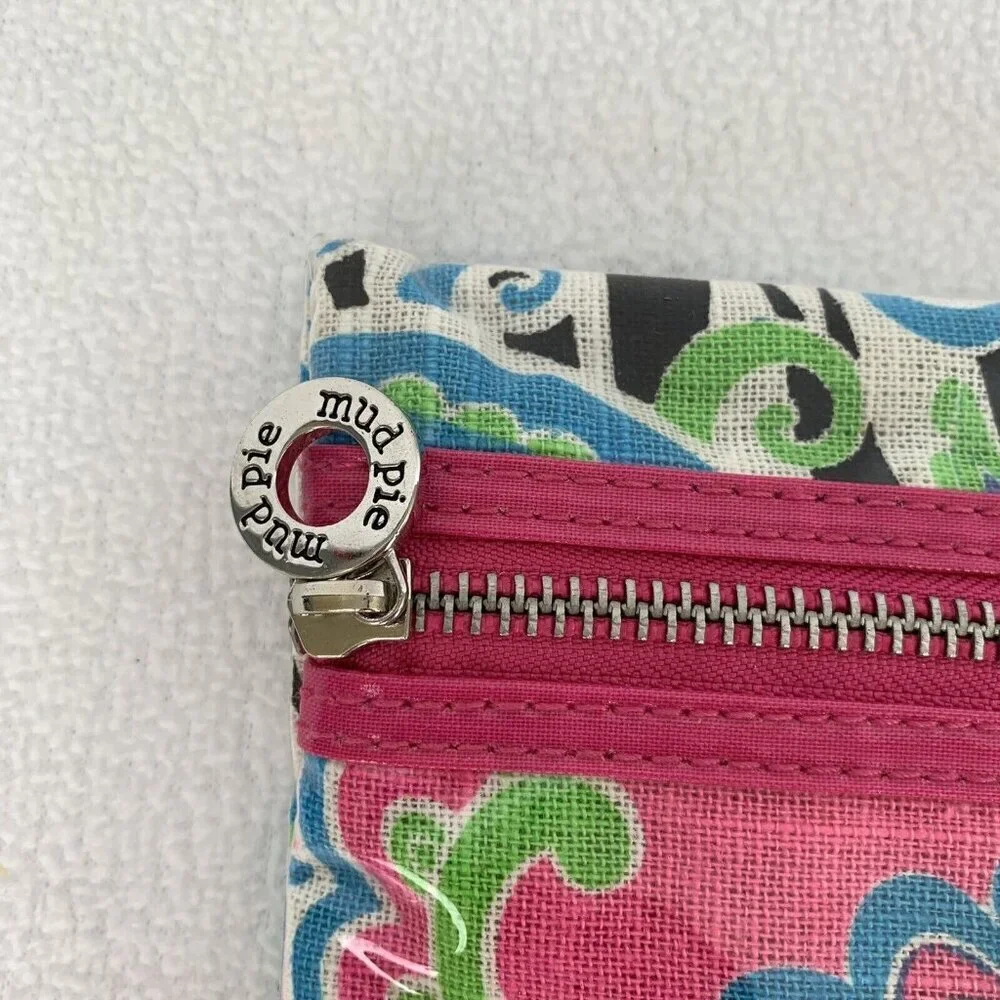 Mud Pie Waterproof Zip Case Pouch Makeup Bag Pink Green Blue Paisley 7” x 8”